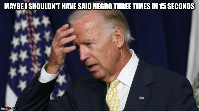 Dumbass | MAYBE I SHOULDN'T HAVE SAID NEGRO THREE TIMES IN 15 SECONDS | image tagged in joe biden worries | made w/ Imgflip meme maker