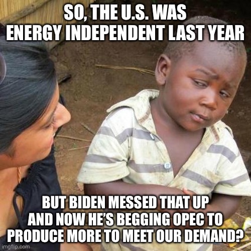 Remember Back in 2020 When The U.S. Was Energy Independent? | SO, THE U.S. WAS ENERGY INDEPENDENT LAST YEAR; BUT BIDEN MESSED THAT UP AND NOW HE’S BEGGING OPEC TO PRODUCE MORE TO MEET OUR DEMAND? | image tagged in memes,third world skeptical kid,biden shuts down keystone pipeline,biden idiot,opec,energy prices soar | made w/ Imgflip meme maker