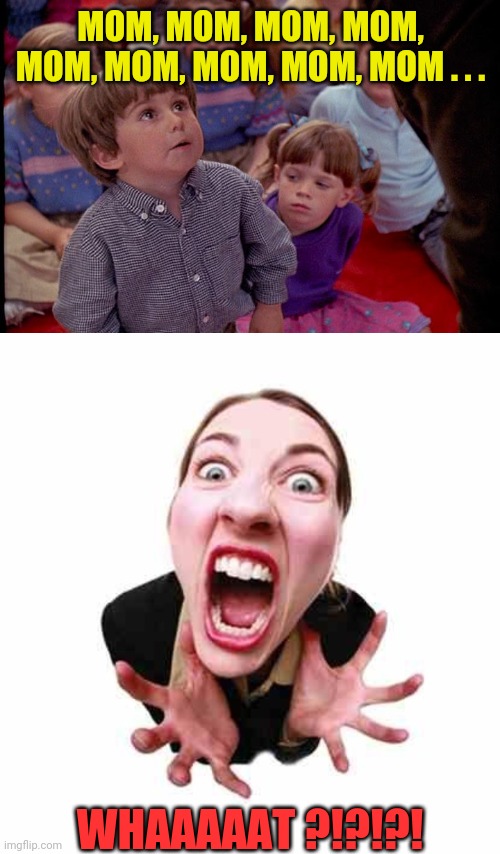 MOM, MOM, MOM, MOM, MOM, MOM, MOM, MOM, MOM . . . WHAAAAAT ?!?!?! | image tagged in kindergarten cop kid,woman screaming | made w/ Imgflip meme maker