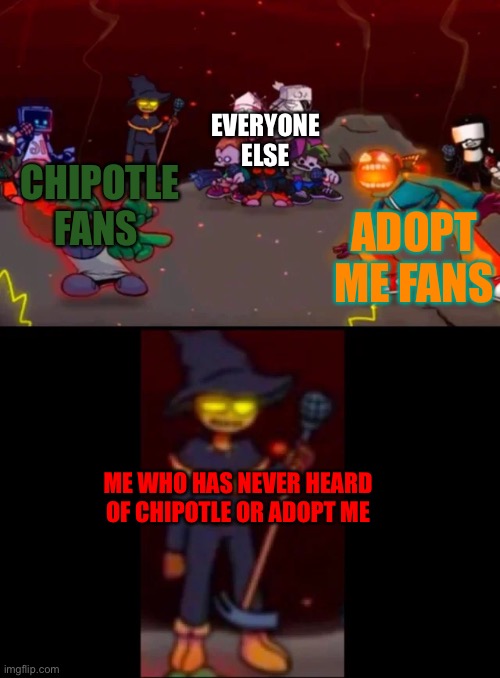 zardy's pure dissapointment | CHIPOTLE FANS ADOPT ME FANS EVERYONE ELSE ME WHO HAS NEVER HEARD OF CHIPOTLE OR ADOPT ME | image tagged in zardy's pure dissapointment | made w/ Imgflip meme maker