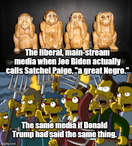 If they didn't have double standards... | The liberal, main-stream media when Joe Biden actually calls Satchel Paige, "a great Negro."; The same media if Donald Trump had said the same thing. | image tagged in joe biden,donald trump | made w/ Imgflip meme maker