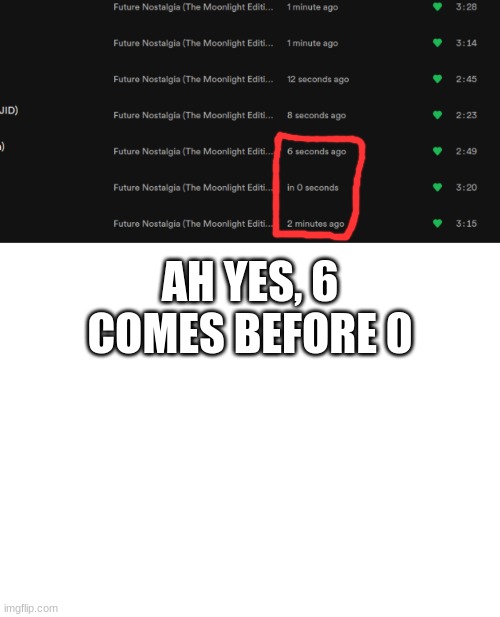 Spotify Messed Up. | AH YES, 6 COMES BEFORE 0 | image tagged in blank white template | made w/ Imgflip meme maker