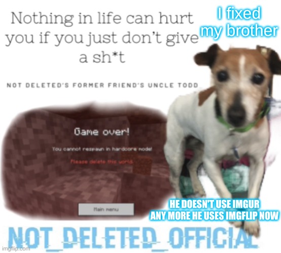 I fixed him | I fixed my brother; HE DOESN'T USE IMGUR ANY MORE HE USES IMGFLIP NOW | image tagged in not-deleted_official s announcement template | made w/ Imgflip meme maker