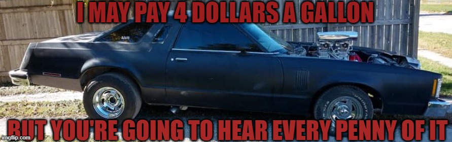 I MAY PAY 4 DOLLARS A GALLON; BUT YOU'RE GOING TO HEAR EVERY PENNY OF IT | image tagged in because race car | made w/ Imgflip meme maker
