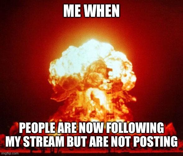 Ps my stream is Minecraft_cursed | ME WHEN; PEOPLE ARE NOW FOLLOWING MY STREAM BUT ARE NOT POSTING | image tagged in nuke | made w/ Imgflip meme maker