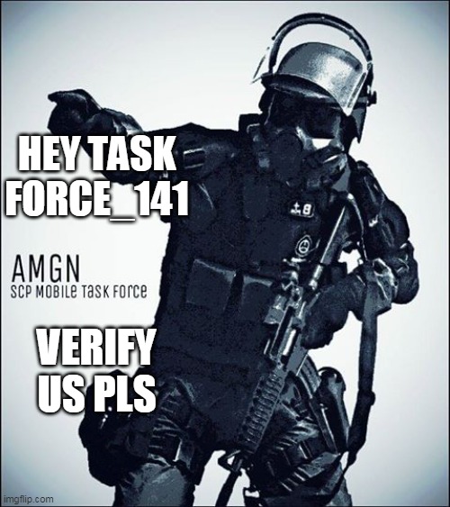 Pls verify us |  HEY TASK FORCE_141; VERIFY US PLS | image tagged in mtf-scp | made w/ Imgflip meme maker
