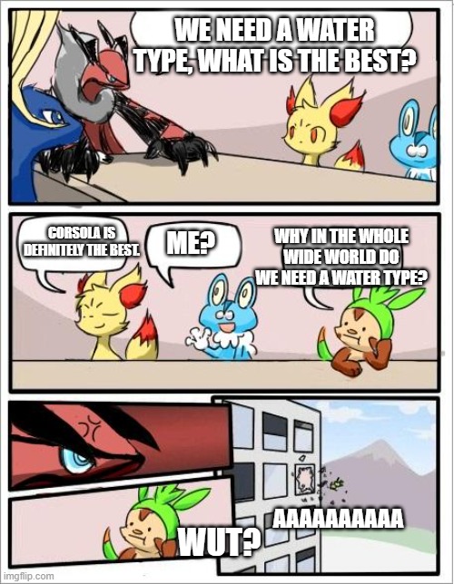 Finding Water Types are hard. |  WE NEED A WATER TYPE, WHAT IS THE BEST? CORSOLA IS DEFINITELY THE BEST. WHY IN THE WHOLE WIDE WORLD DO WE NEED A WATER TYPE? ME? AAAAAAAAAA; WUT? | image tagged in pokemon board meeting | made w/ Imgflip meme maker