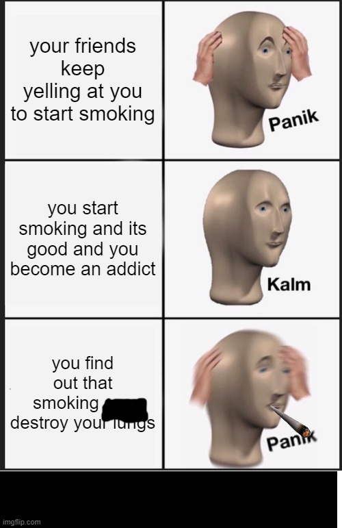 You Start Smoking | your friends keep yelling at you to start smoking; you start smoking and its good and you become an addict; you find out that smoking can destroy your lungs | image tagged in memes,dontsmoke | made w/ Imgflip meme maker