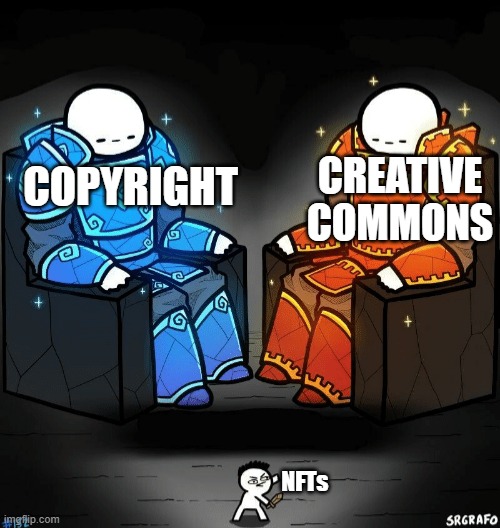your blockchain don't hold shit | CREATIVE COMMONS; COPYRIGHT; NFTs | image tagged in two giants looking at a small guy | made w/ Imgflip meme maker