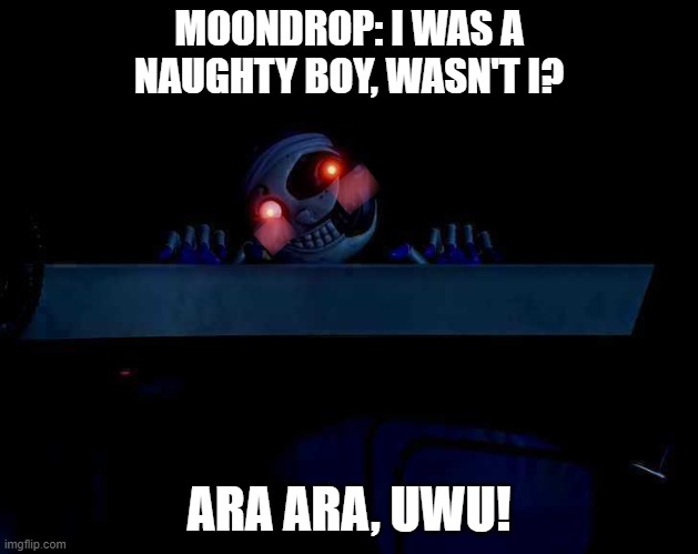 Moondrop- FNAF Security Breach | MOONDROP: I WAS A NAUGHTY BOY, WASN'T I? ARA ARA, UWU! | image tagged in inappropriate,funny | made w/ Imgflip meme maker
