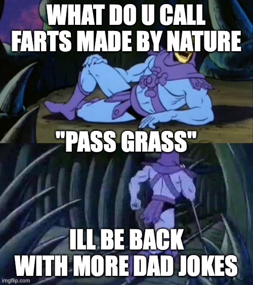 what do u call a fart made by nature? | WHAT DO U CALL FARTS MADE BY NATURE; "PASS GRASS"; ILL BE BACK WITH MORE DAD JOKES | image tagged in skeletor disturbing facts | made w/ Imgflip meme maker