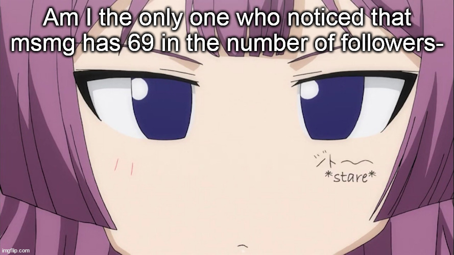 Kiriha Stare | Am I the only one who noticed that msmg has 69 in the number of followers- | image tagged in kiriha stare | made w/ Imgflip meme maker