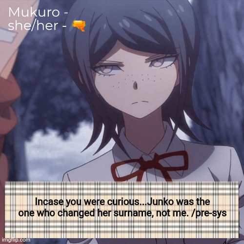 Mukuro | Incase you were curious...Junko was the one who changed her surname, not me. /pre-sys | image tagged in mukuro | made w/ Imgflip meme maker