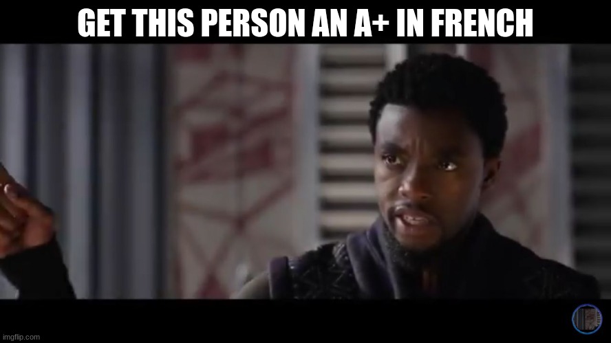 Black Panther - Get this man a shield | GET THIS PERSON AN A+ IN FRENCH | image tagged in black panther - get this man a shield | made w/ Imgflip meme maker