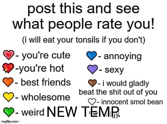 post this and see what people rate you! | NEW TEMP. | image tagged in post this and see what people rate you | made w/ Imgflip meme maker