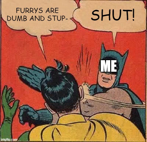 stop furry hate | FURRYS ARE DUMB AND STUP-; SHUT! ME | image tagged in memes,batman slapping robin | made w/ Imgflip meme maker
