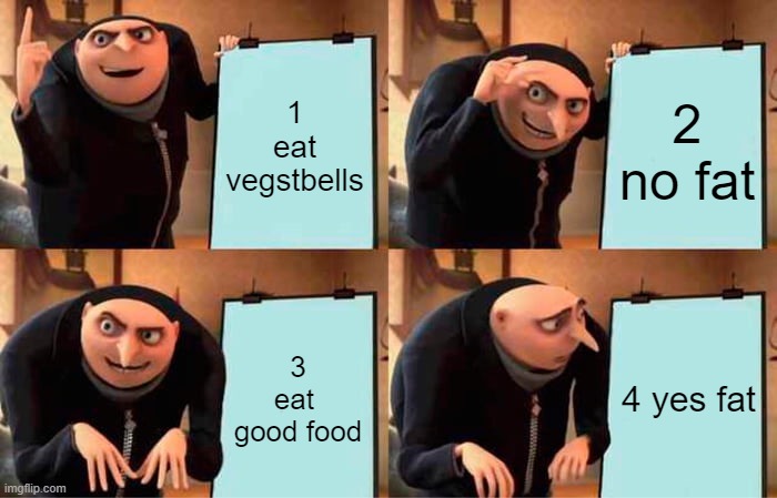 1 eat vegstbells 2 no fat 3 eat  good food 4 yes fat | image tagged in memes,gru's plan | made w/ Imgflip meme maker
