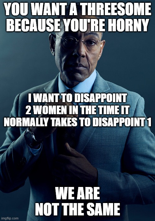 Gus Fring we are not the same | YOU WANT A THREESOME BECAUSE YOU'RE HORNY; I WANT TO DISAPPOINT 2 WOMEN IN THE TIME IT NORMALLY TAKES TO DISAPPOINT 1; WE ARE NOT THE SAME | image tagged in gus fring we are not the same,memes | made w/ Imgflip meme maker