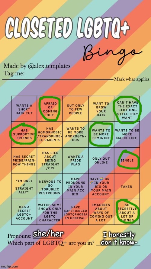 I'm kinda an introvert, so- | she/her; I honestly don't know- | image tagged in closeted lgbtq bingo | made w/ Imgflip meme maker