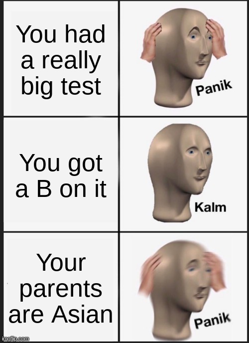 Panik Kalm Panik Meme | You had a really big test; You got a B on it; Your parents are Asian | image tagged in memes,panik kalm panik | made w/ Imgflip meme maker