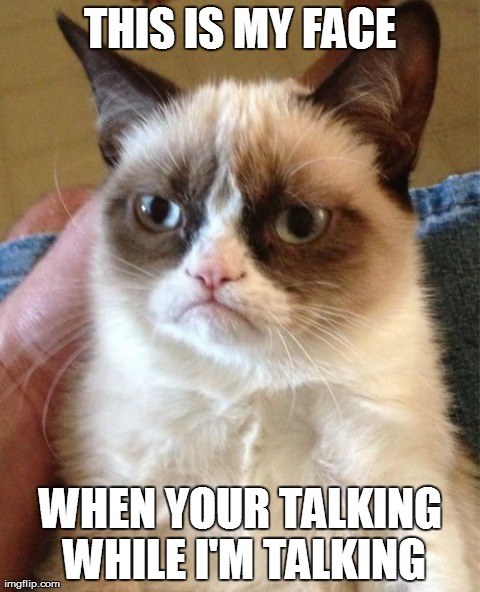 Grumpy Cat Meme | THIS IS MY FACE WHEN YOUR TALKING WHILE I'M TALKING | image tagged in memes,grumpy cat | made w/ Imgflip meme maker