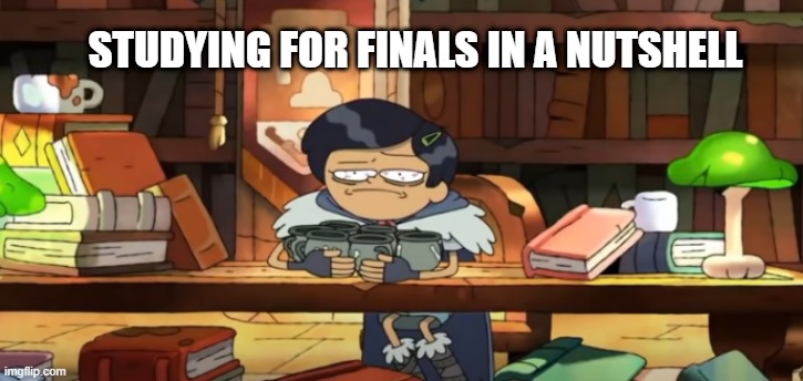 Marcy Wu knows my pain | STUDYING FOR FINALS IN A NUTSHELL | image tagged in amphibia,disney channel,finals week,coffee,studying,library | made w/ Imgflip meme maker