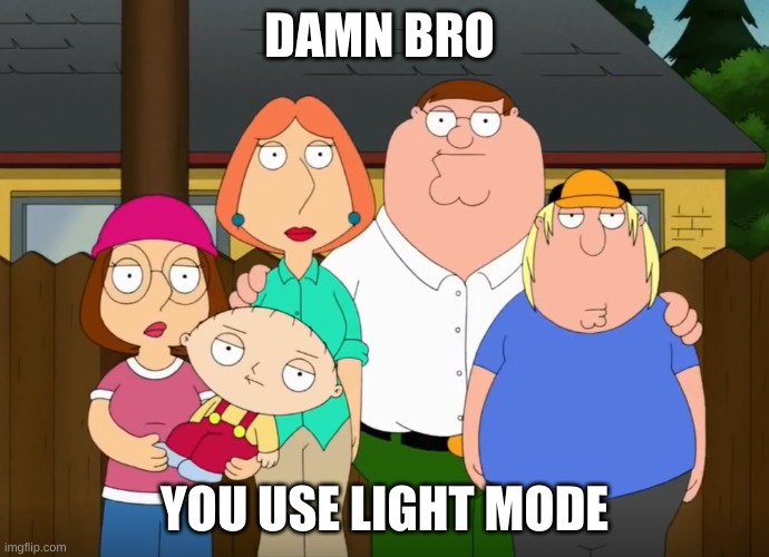 damn bro | DAMN BRO YOU USE LIGHT MODE | image tagged in damn bro | made w/ Imgflip meme maker