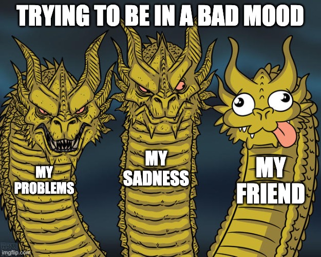 in honor of kira killing my bad mood | TRYING TO BE IN A BAD MOOD; MY SADNESS; MY FRIEND; MY PROBLEMS | image tagged in three-headed dragon | made w/ Imgflip meme maker