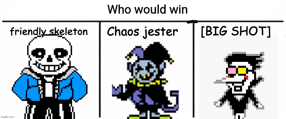 Who would win?? seriously | Chaos jester; [BIG SHOT]; friendly skeleton | image tagged in 3x who would win | made w/ Imgflip meme maker