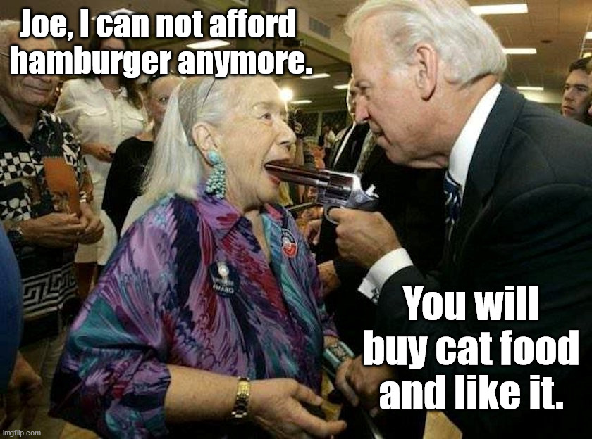 Grocery prices are going up or have gone up 10% to 30% | Joe, I can not afford 
hamburger anymore. You will buy cat food and like it. | image tagged in political meme,groceries | made w/ Imgflip meme maker