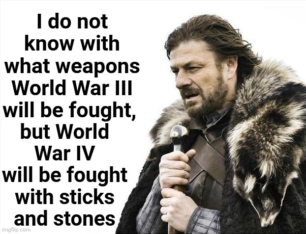 Humanity Is Humanity's Worst Nightmare |  I do not know with what weapons World War III will be fought, but World War IV will be fought with sticks and stones | image tagged in memes,brace yourselves x is coming,dumbasses,common sense,think about it,education | made w/ Imgflip meme maker