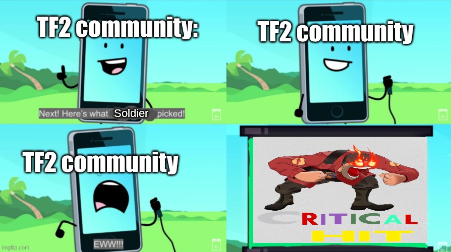 What happens in the Team Fortress 2 community: | TF2 community:; TF2 community; Soldier; TF2 community | image tagged in mephone disgusted,tf2,team fortress 2 | made w/ Imgflip meme maker