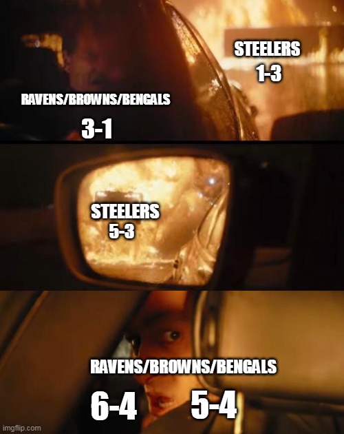 STEELERS; 1-3; RAVENS/BROWNS/BENGALS; 3-1; STEELERS; 5-3; RAVENS/BROWNS/BENGALS; 5-4; 6-4 | image tagged in steelers | made w/ Imgflip meme maker