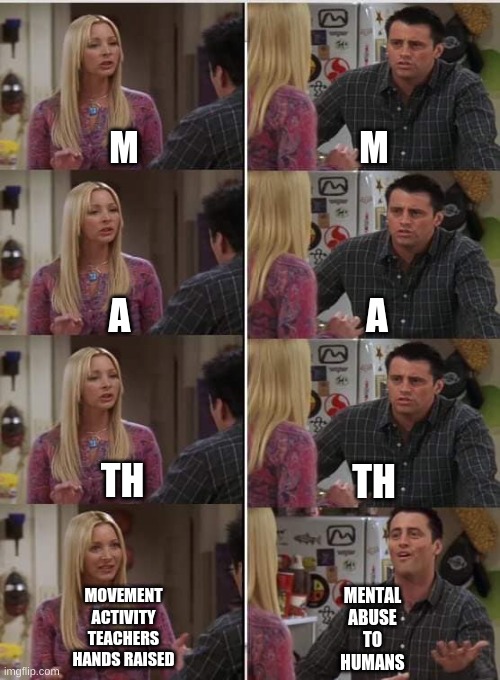 Phoebe Joey | M; M; A; A; TH; TH; MENTAL
ABUSE
TO
HUMANS; MOVEMENT
ACTIVITY
TEACHERS
HANDS RAISED | image tagged in phoebe joey | made w/ Imgflip meme maker