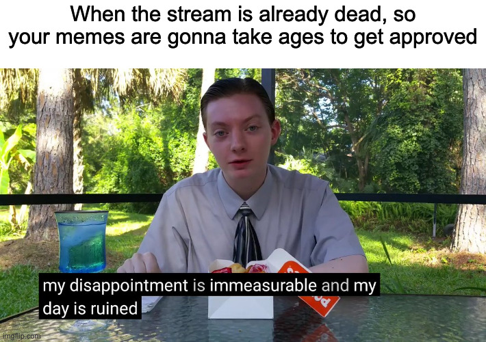 My Disappointment Is Immeasurable | When the stream is already dead, so your memes are gonna take ages to get approved | image tagged in my disappointment is immeasurable | made w/ Imgflip meme maker