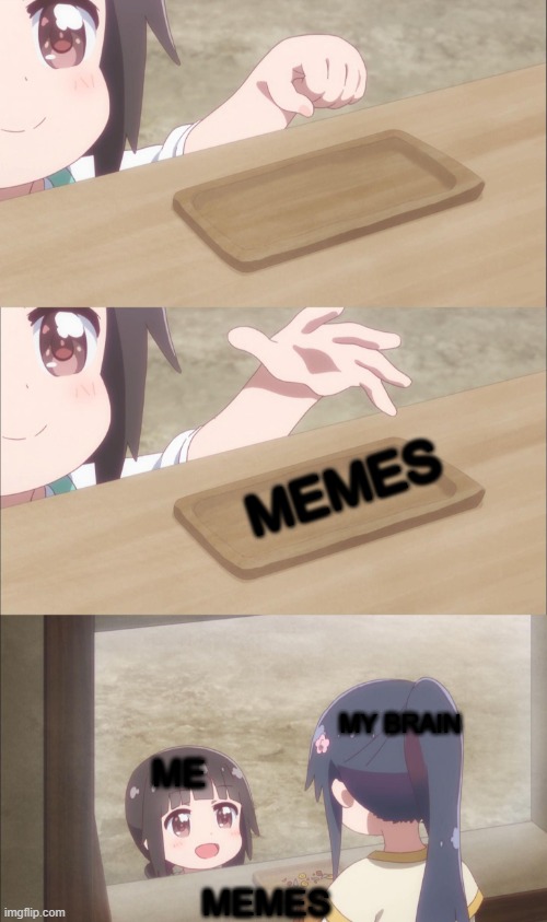 :v | MEMES; MY BRAIN; ME; MEMES | image tagged in yuu buys a cookie | made w/ Imgflip meme maker