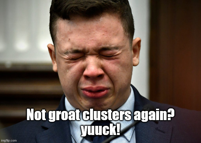 Groat Clusters | Not groat clusters again?
yuuck! | image tagged in groat clusters,firesign theatre,kyle rittenhouse | made w/ Imgflip meme maker