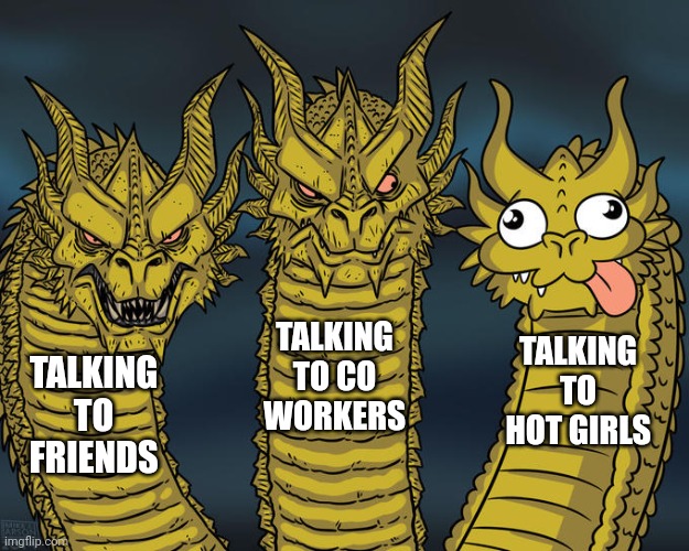 Three-headed Dragon | TALKING TO CO WORKERS; TALKING TO HOT GIRLS; TALKING TO FRIENDS | image tagged in three-headed dragon | made w/ Imgflip meme maker