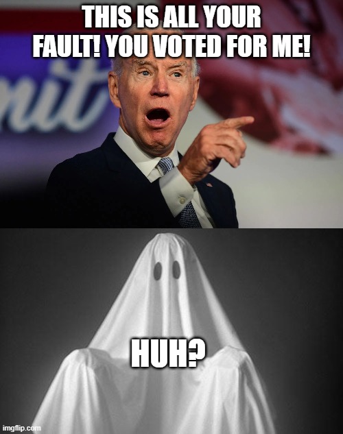 THIS IS ALL YOUR FAULT! YOU VOTED FOR ME! HUH? | image tagged in angry joe biden pointing,ghost | made w/ Imgflip meme maker