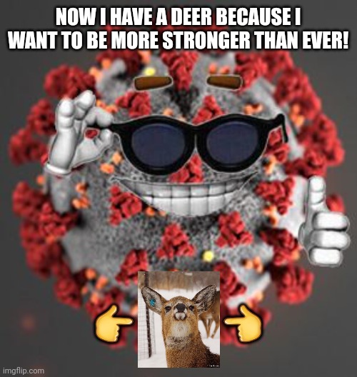 ToT |  NOW I HAVE A DEER BECAUSE I WANT TO BE MORE STRONGER THAN EVER! 👉              👈 | image tagged in coronavirus,covid-19,we're all doomed,not funny,deer,memes | made w/ Imgflip meme maker