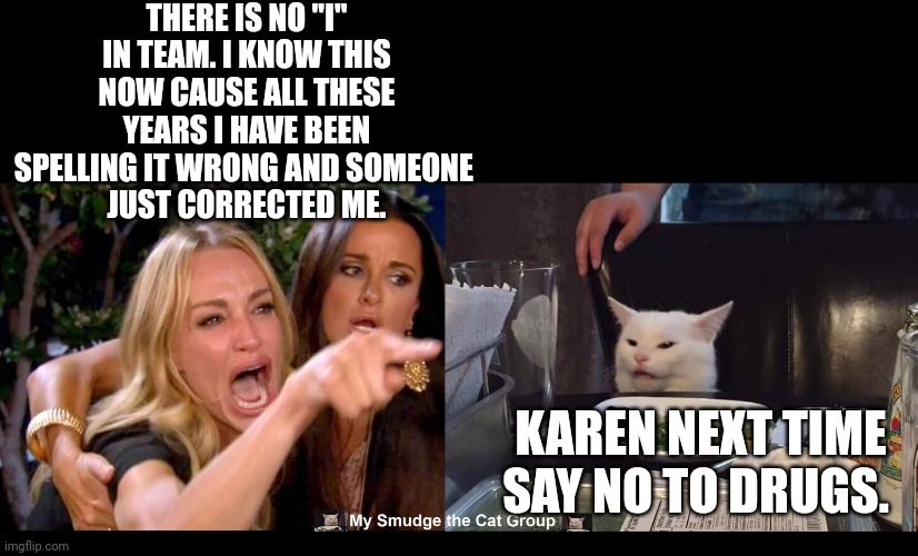 THERE IS NO "I" IN TEAM. I KNOW THIS NOW CAUSE ALL THESE YEARS I HAVE BEEN SPELLING IT WRONG AND SOMEONE 
JUST CORRECTED ME. KAREN NEXT TIME SAY NO TO DRUGS. | image tagged in smudge the cat | made w/ Imgflip meme maker