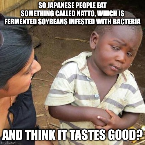 Japanese people | SO JAPANESE PEOPLE EAT SOMETHING CALLED NATTO, WHICH IS FERMENTED SOYBEANS INFESTED WITH BACTERIA; AND THINK IT TASTES GOOD? | image tagged in memes,third world skeptical kid | made w/ Imgflip meme maker