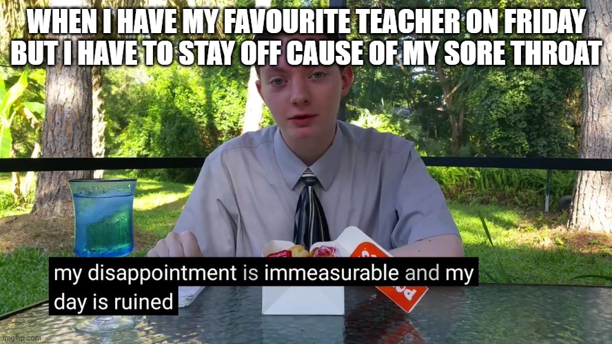 these are emotional times | WHEN I HAVE MY FAVOURITE TEACHER ON FRIDAY BUT I HAVE TO STAY OFF CAUSE OF MY SORE THROAT | image tagged in my disappointment is immeasurable | made w/ Imgflip meme maker