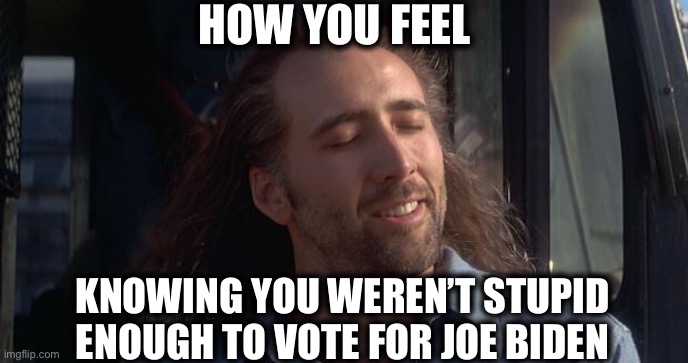 Nic Cage Feels Good | HOW YOU FEEL KNOWING YOU WEREN’T STUPID ENOUGH TO VOTE FOR JOE BIDEN | image tagged in nic cage feels good | made w/ Imgflip meme maker