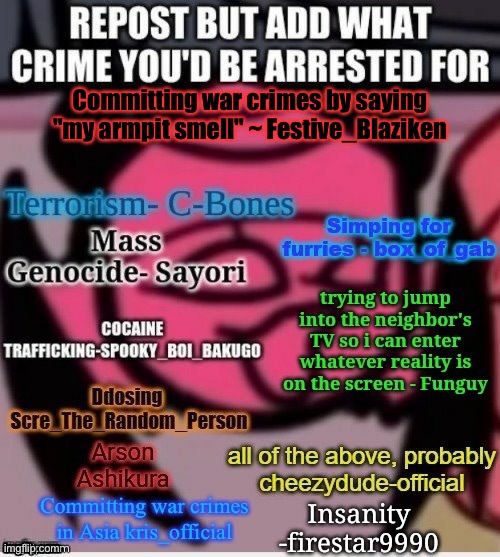 My armpit smell | Committing war crimes by saying "my armpit smell" ~ Festive_Blaziken | made w/ Imgflip meme maker