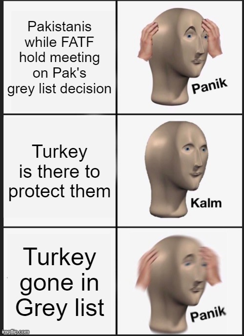 Geopolitics is crazy | Pakistanis while FATF hold meeting on Pak's grey list decision; Turkey is there to protect them; Turkey gone in Grey list | image tagged in memes,panik kalm panik | made w/ Imgflip meme maker