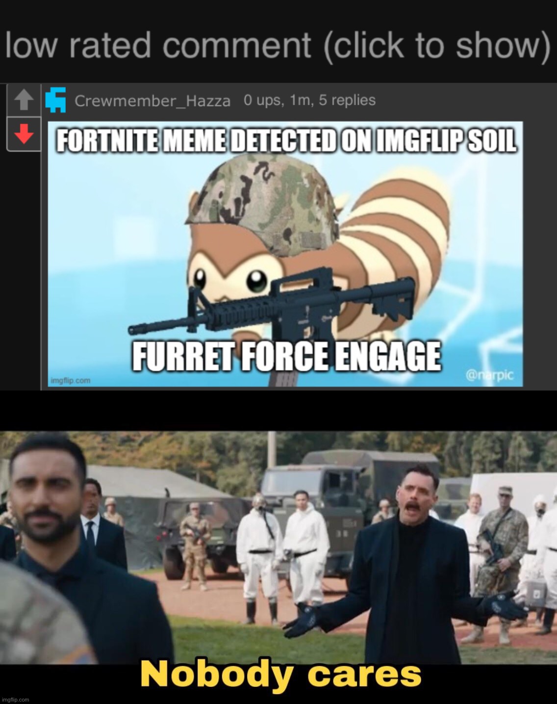 Who cares if it's a Fortnite meme? I know Fortnite sucks but Fortnite memes are welcome and they're still funny. | image tagged in low rated comment dark mode version,sonic nobody cares | made w/ Imgflip meme maker