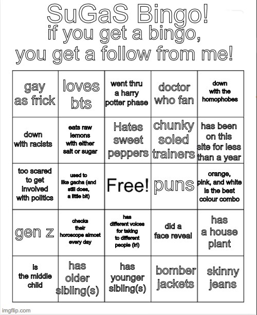 go on! | image tagged in sugas bingo | made w/ Imgflip meme maker