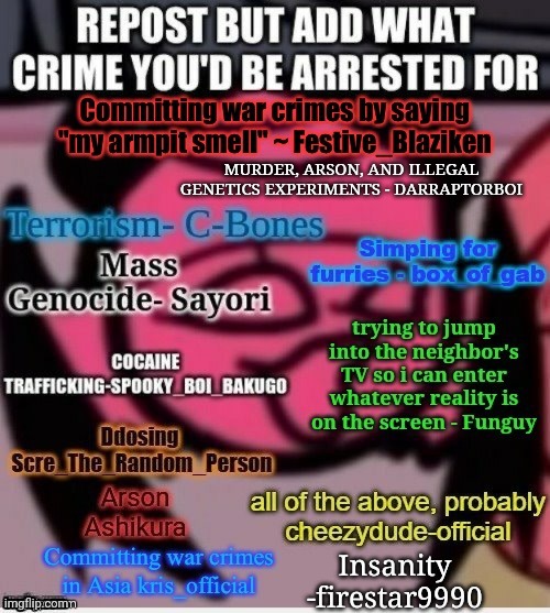 MURDER, ARSON, AND ILLEGAL GENETICS EXPERIMENTS - DARRAPTORBOI | image tagged in repost | made w/ Imgflip meme maker