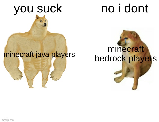 Buff Doge vs. Cheems | you suck; no i dont; minecraft bedrock players; minecraft java players | image tagged in memes,buff doge vs cheems | made w/ Imgflip meme maker
